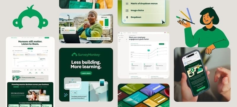 Collage of refreshed SurveyMonkey creative including the monkey logo, the Humans still matter homepage, a Less building. More learning. ad, and an illustrated character